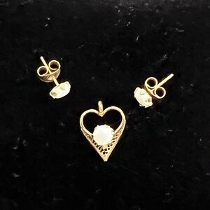 Vintage 1/20 14K Gold-Filled Opal Heart Pendant & Stud Earrings Set